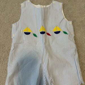 Striped Blue and White Kids One Piece with Sailboat Design